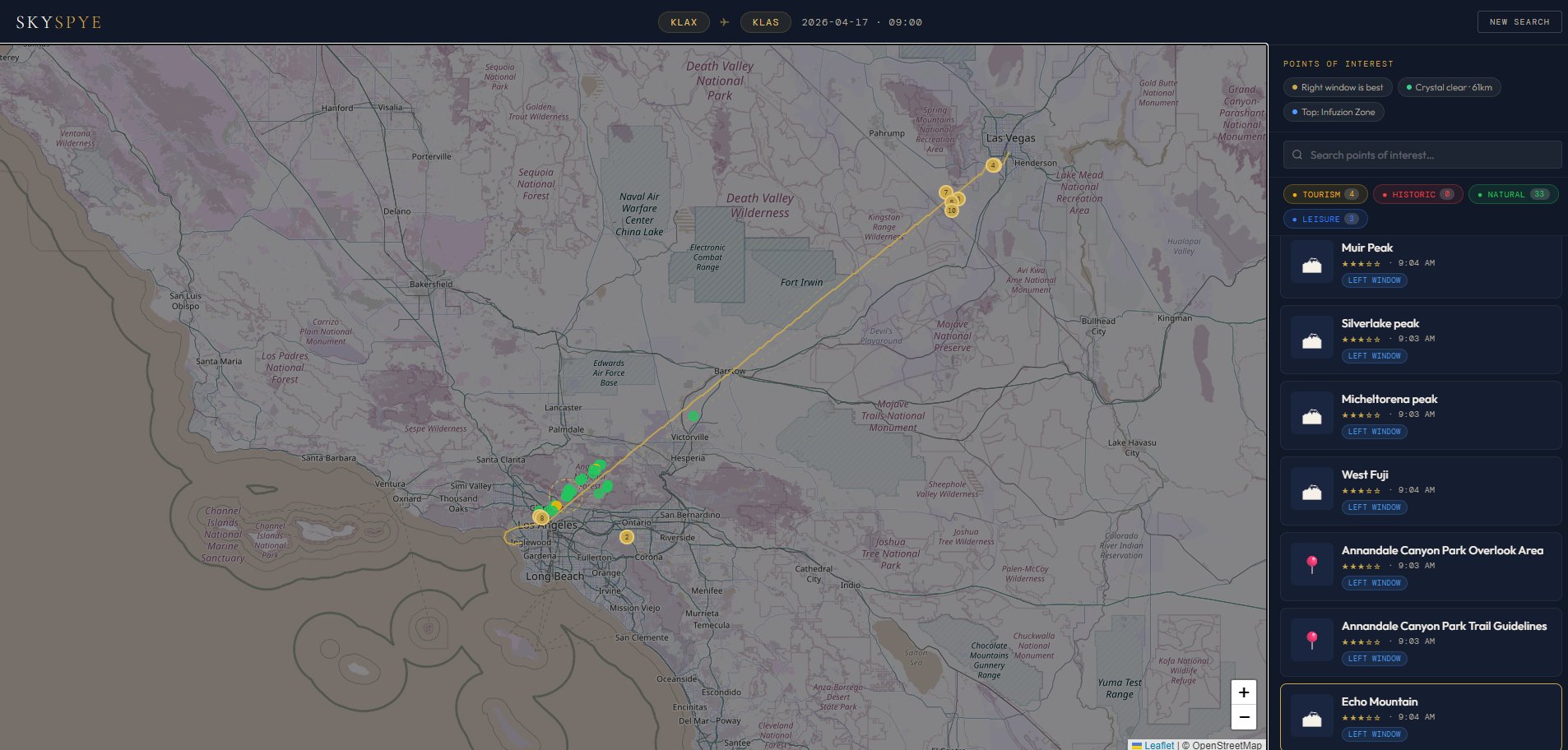 SkySpye app showing KLAX to KLAS flight with points of interest